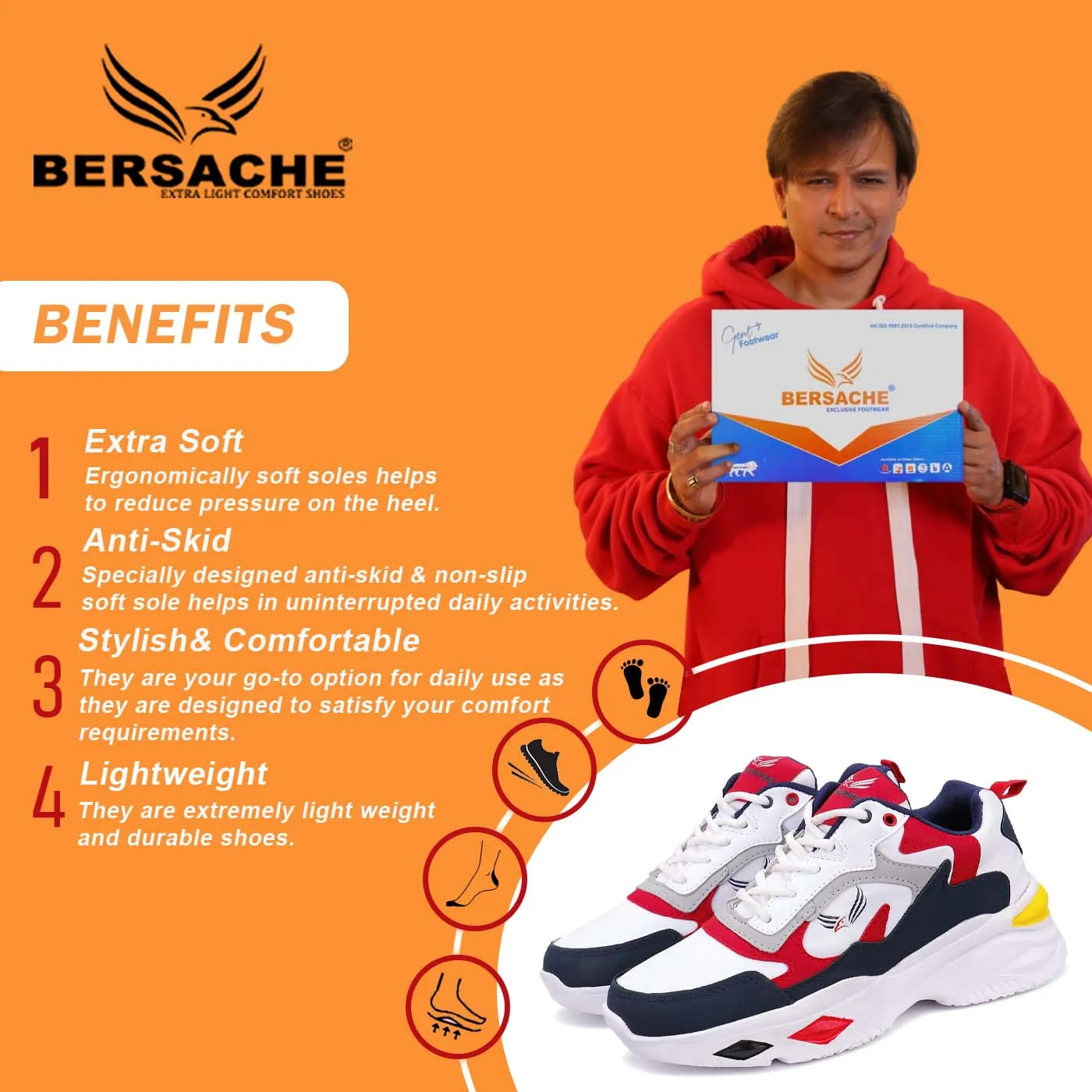 Bersache Lightweight Casual Sneaker Shoes For Men Red-9010