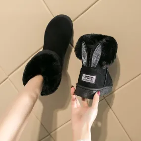 Snow Fur Ankle Rhinestone Flat Boots