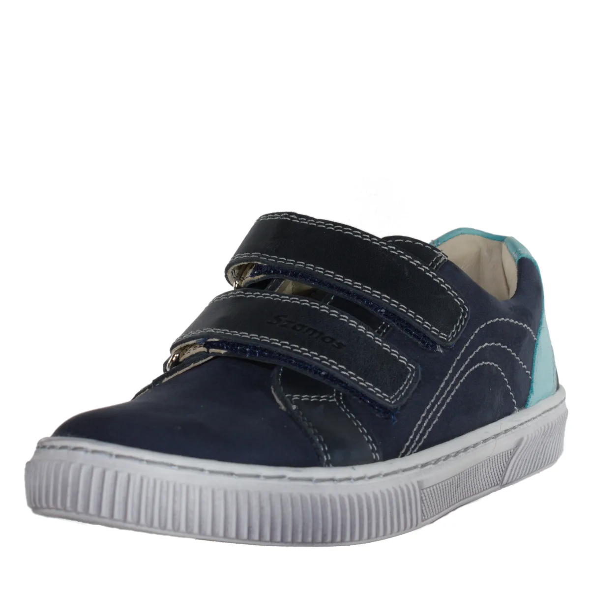 Szamos kid boy sneakers in dark blue color with bermuda blue detail and double velcro strap big kid size