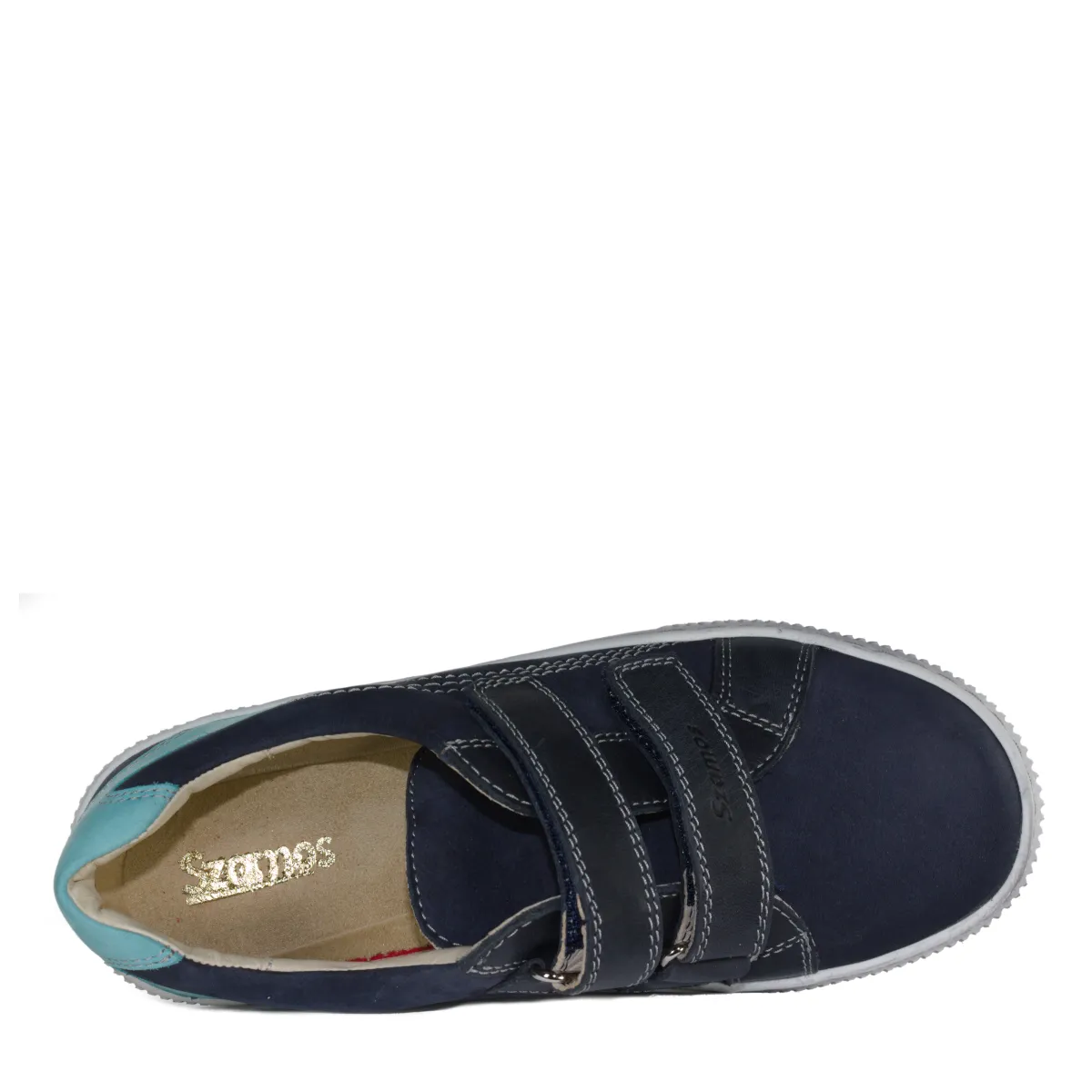 Szamos kid boy sneakers in dark blue color with bermuda blue detail and double velcro strap big kid size