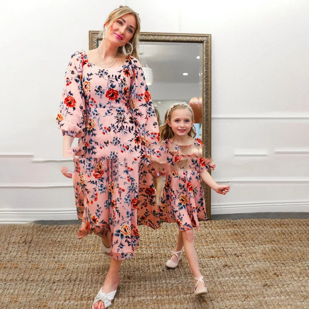 Women Big Flower Print Parent-child Dress